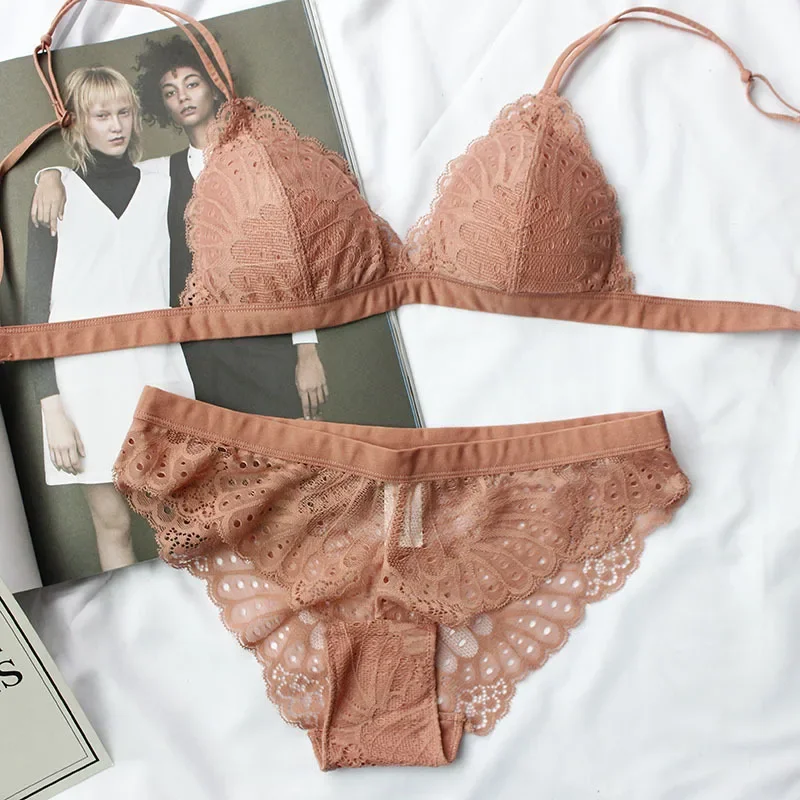 Sleep Bra Bralette - Komplet bielizny: koronkowy biustonosz trójkątny, seksowny,