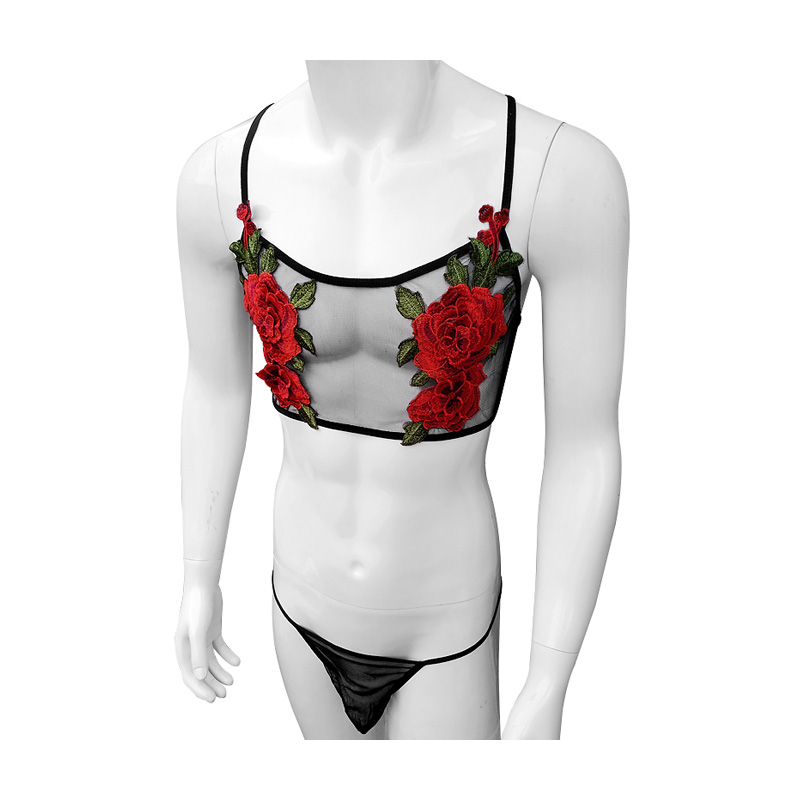 Sheer Mesh Bra - Seksowny haftowany męski prześwitujący koronkowy komplet